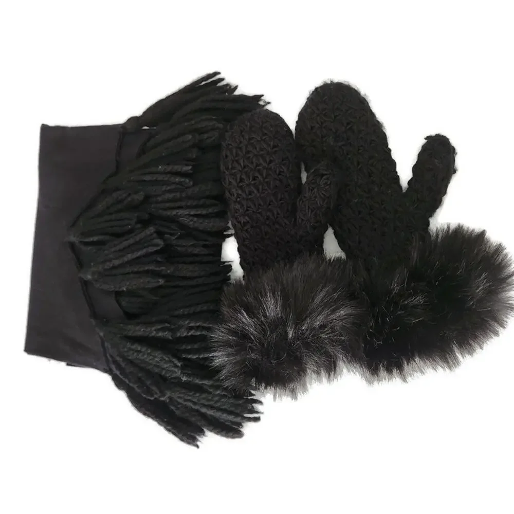 Surell Women's Black Mittens with Faux Fur Cuffs and Tasseled Black Scarf